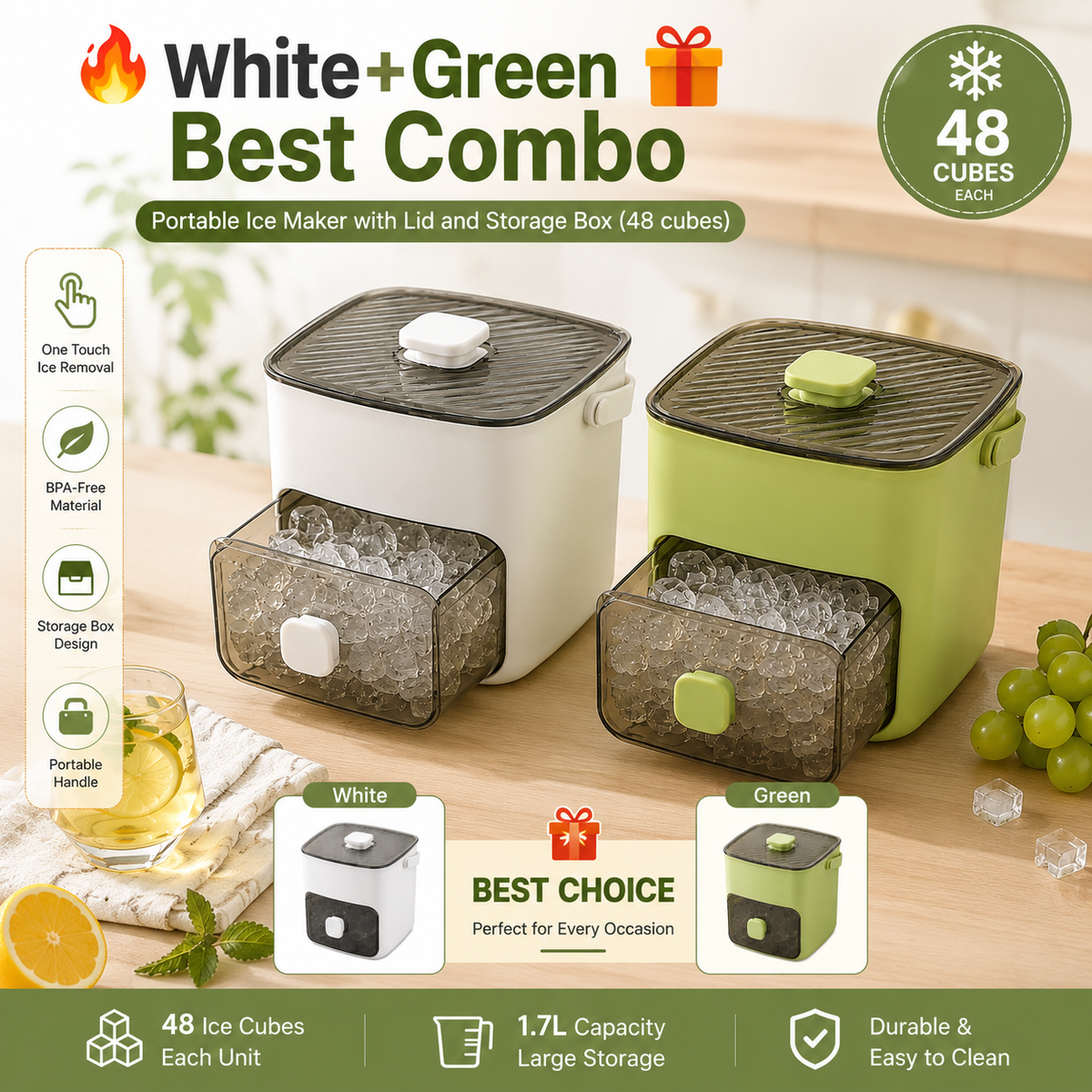 🥳2026 HOT SALE🥳💞50K+ SOLD!🧊Portable Ice Maker with Lid and Storage Box (48 cubes)