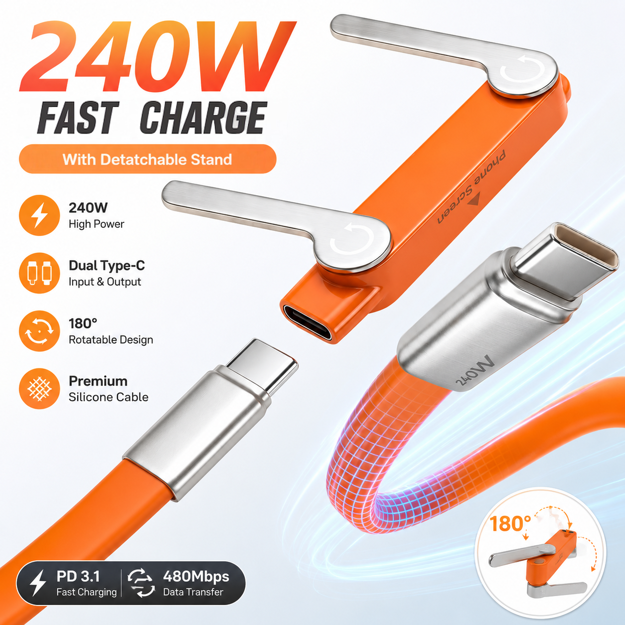 ⚡ Fast Charging Cable 🚀240W Fast Charging + Hidden Foldable Phone Stand