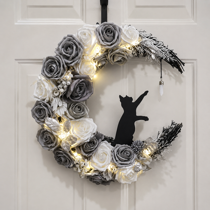 🔥Last Day 50% OFF - Handmade Halloween Cat Wreath🐈‍⬛🌙