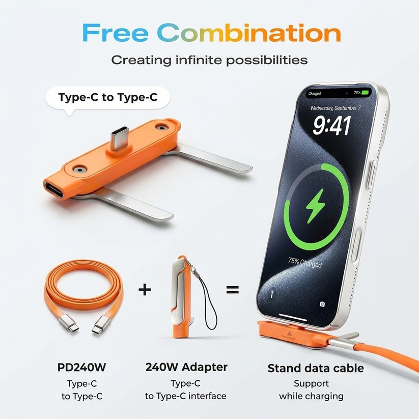 ⚡ Fast Charging Cable 🚀240W Fast Charging + Hidden Foldable Phone Stand
