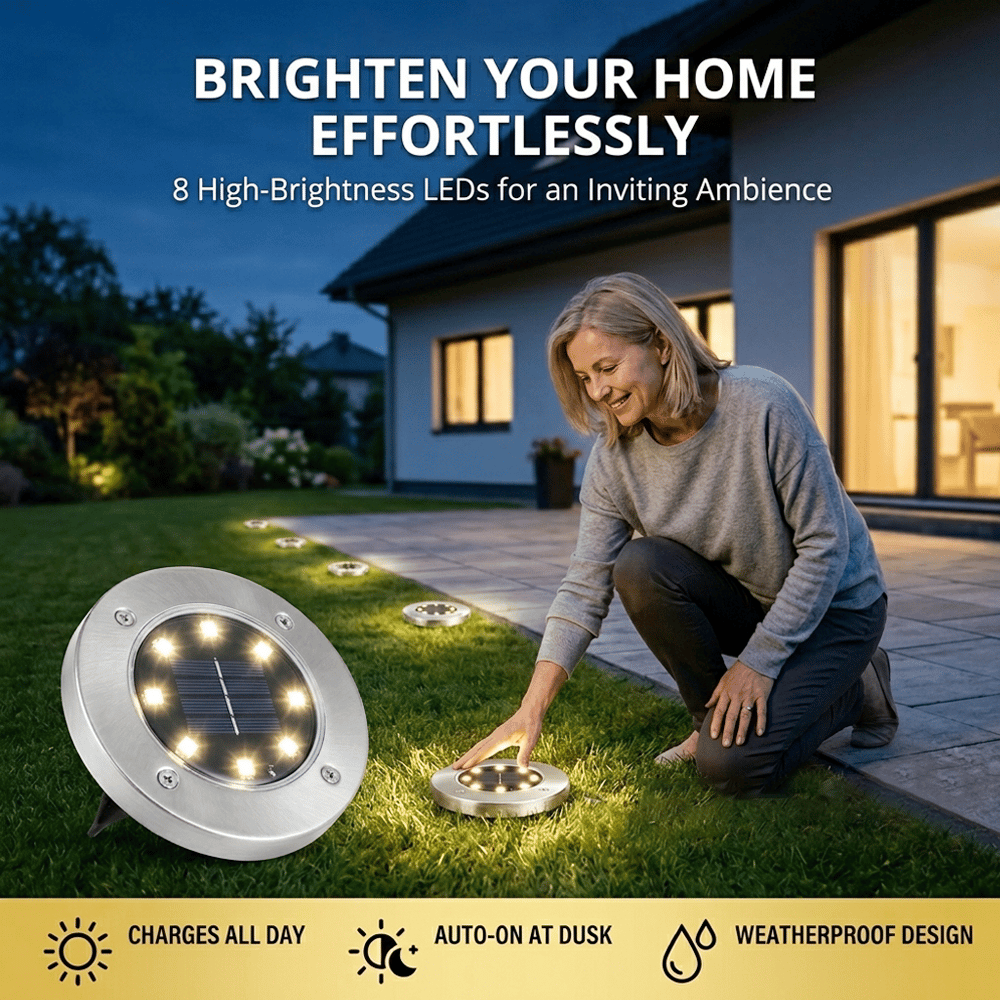 Solar Powered 8-LED Ground Lights | Outdoor Pathway Lighting