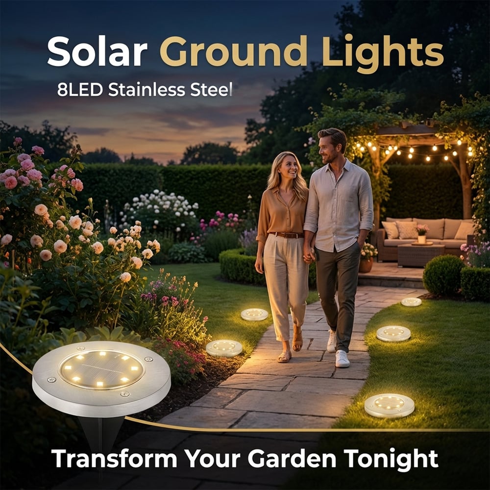 Solar Powered 8-LED Ground Lights | Outdoor Pathway Lighting